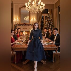 Black Dress with Studs-Embellished Shirt Dress -m